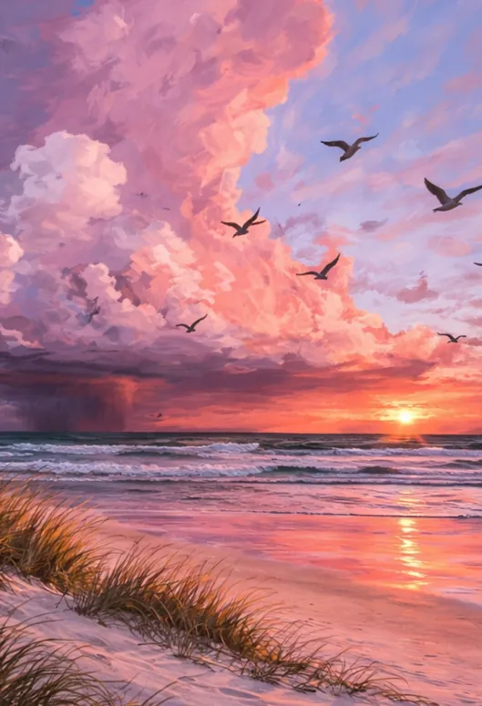Pink Sunset Beach Cross Stitch Pattern